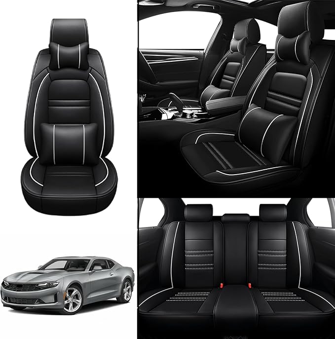 Car Seat Covers for Camaro 2000-2023 | 5-Seats Seat Covers, Waterproof Seat Protectors, Automotive Seat Covers (Full Set with Pillow,Black&White Line)
