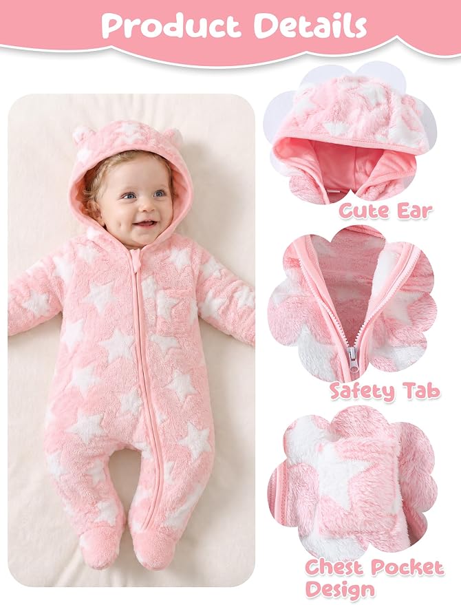 Jecson Baby Snowsuit Newborn Bear Hooded Fleece Outfit Baby Clothes 0M-12M - Image 4