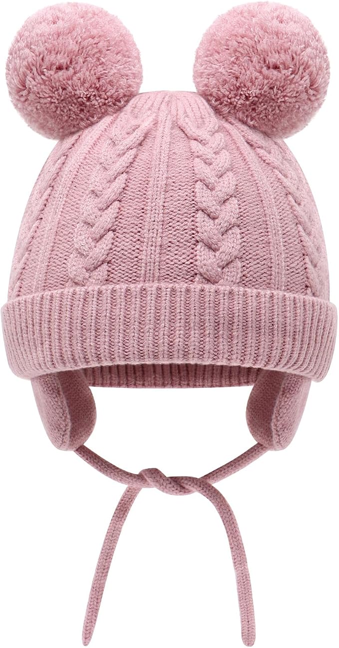 Duoyeree Toddler Winter Hat, Earflap Double Pom Pom Knit Beanie 0-36M - Image 2