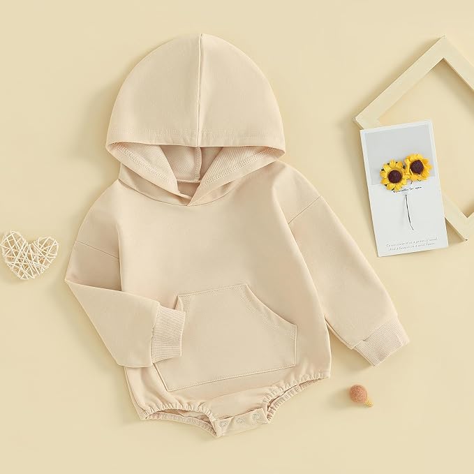 Baby Boy Girl Hooded Romper Cute Solid Color Long Sleeve Sweatshirt Romper - Image 3