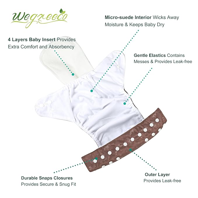 Wegreeco Cloth Diapers 6 Pack with Inserts & Wet Bag, Washable Reusable Diapers for Babies, One Size Adjustable (Palm)