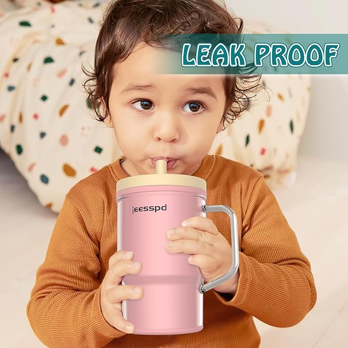 Toddler Cups – 9 oz Adorable Miniature Tumbler with Leak-Resistant Straw and Toddler-Friendly Handle, Encourages Hydration, Easy to Clean, Sippy cups for Toddlers 1-3，BPA Free silicone (Pink)