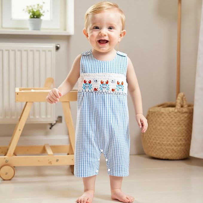 Newborn Baby Boys Sleeveless Seersucker Romper One Piece Straps Overalls - Image 7