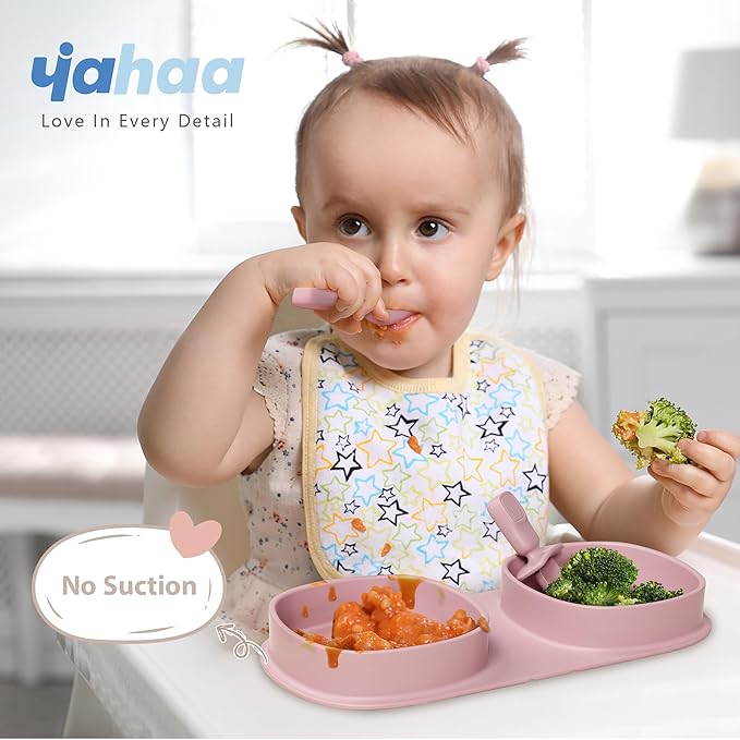 Silicone Foldable Novelty Dinner Plates,Baby Plates Travel Essential with Forks and Spoons,Microwave & Dishwasher Safe,Matte Pink