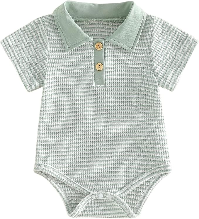 VISGOGO Baby Boy Striped Romper Waffle Short Sleeve Button Oversized Bodysuit by VISGOGO