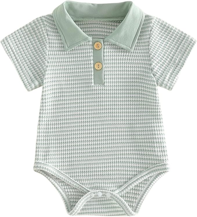 VISGOGO Baby Boy Striped Romper Waffle Short Sleeve Button Oversized Bodysuit by VISGOGO