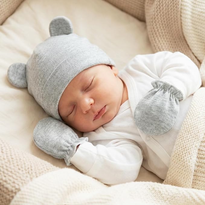 Newborn Baby Hats and Mittens Set, Cotton Infant Baby Boy Girl Bear Ears Caps - Image 6
