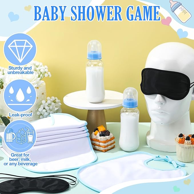 Leinuosen 24 Pcs Baby Shower Blindfold Feeding Game Set Include 6 Plastic Chug Bottles 6 Bib and 12 Eye Mask Blindfold Baby Feeding Bottle Chug Game for Adult Gender Reveal Party Supplies(Blue)