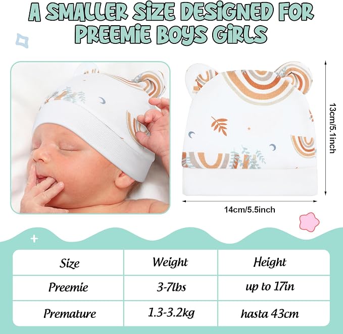 10 Pcs Preemie Hats Cotton Preemie Caps Bows Turban Premature Baby Boys Girls - Image 2