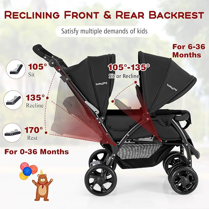 HONEY JOY Double Stroller, Foldable Lightweight Infant Twin with Tandem Seating, 5-Point Harness, Recline Seat, Storage Basket, Compact Baby Double Stroller Newborn and Toddler (Black)