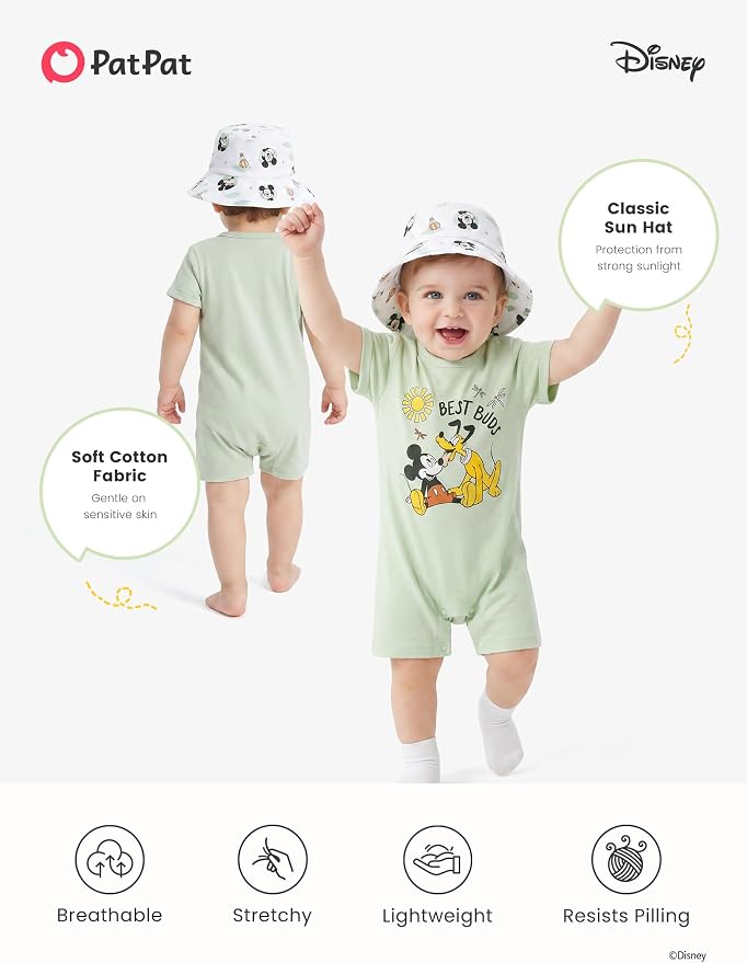 Disney Baby Boy's 2-Piece Romper and Sun Hat Outfit Set Newborn to Infant - Image 5