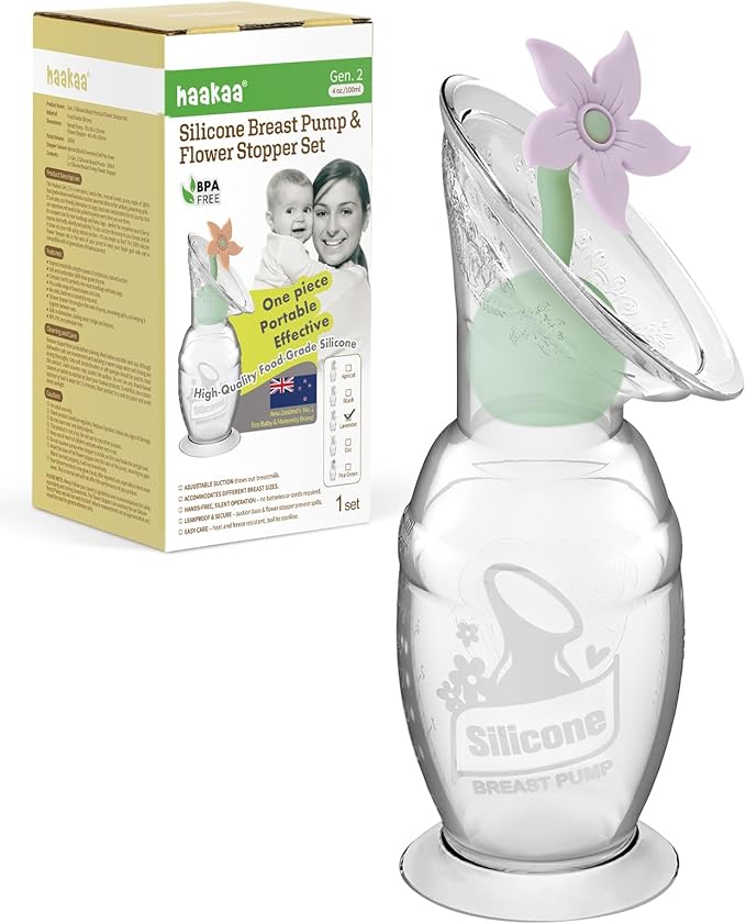 haakaa Manual Breast Pump with Flower Stopper Set, Gen.2 Silicone Hand Pump with Suction Base, BPA Free (4oz/100ml, Lavender)