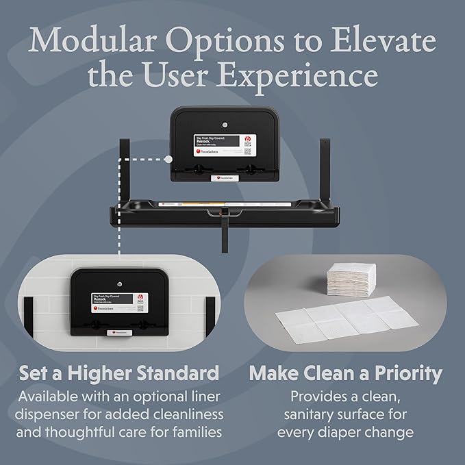 Foundations Elements Horizontal Wall-Mounted Baby Diaper Changing Station, Heavy Duty Stainless Steel Hinge, Oversized Changing Surface, Easy Installation, Black (300-EH-02)