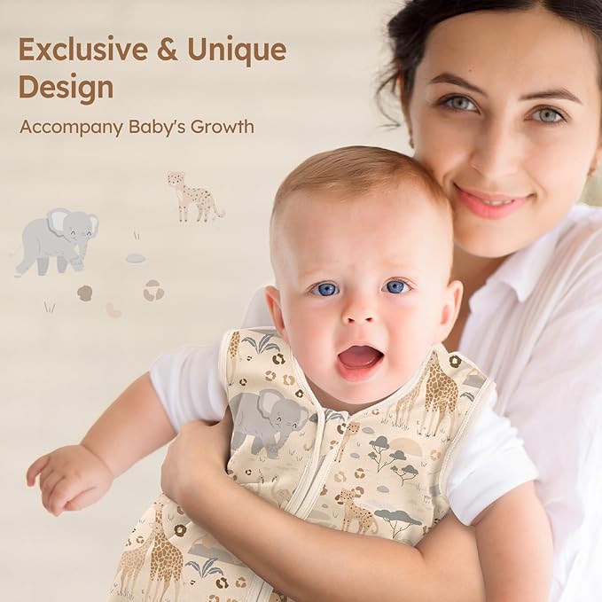 Baby Sleep Sack 12-18 Months 100% Cotton Lightweight 0.5 TOG Wearable Blanket Baby Sleep Bag with 2-Way Zipper for Infant Toddler Apricot Elephant