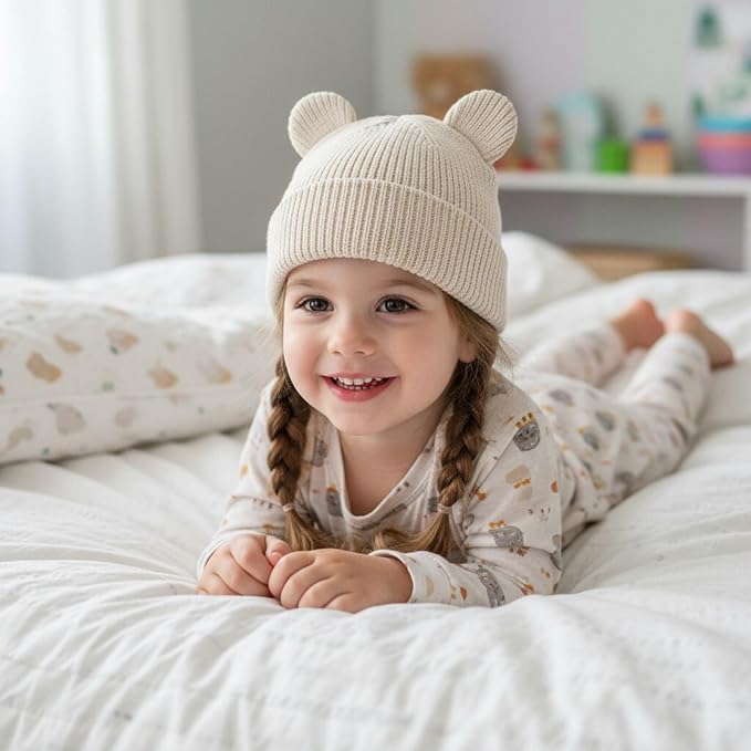 Hadetoto Cotton Baby Beanie Winter Knitted Hat, 2 Pack | Bear Ear Design - Image 5