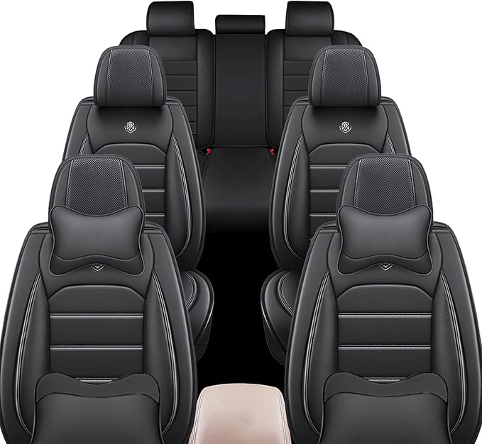 JOJ Car Seat Cover Fit for Toyota Highlander 2001-2025,7 Seat Car Seat Cover,No-Slip Waterproof Breathable Faux Leather Automotive Seat Covers Auto Interior Covers,Full Set with Pillow,Black