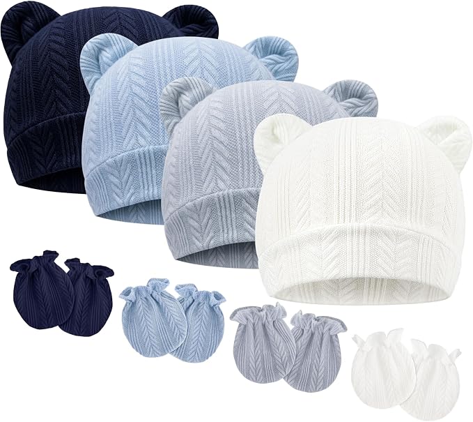 BQUBO Newborn Baby Hats Bear Ears and Mittens Sets Preemie Caps Baby Boy Girl by DRESHOW