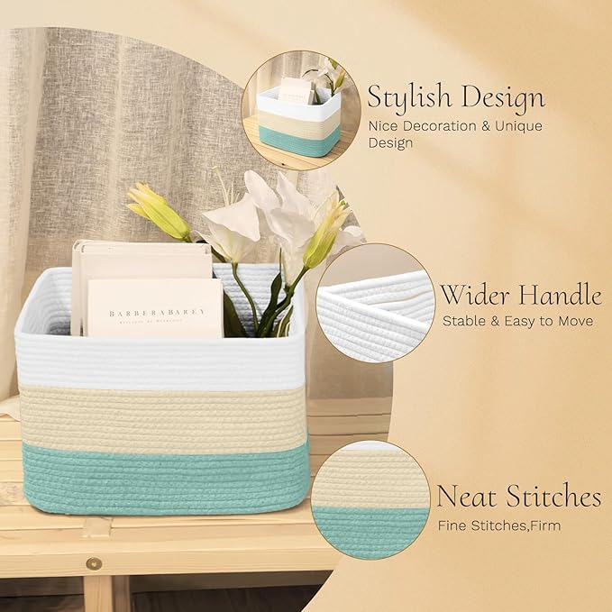Hopegiver 3 Pack Storage Baskets for Organizing with Handle, Woven Baskets for Shelves - Durable Gift Basket for Cloth Toys Books Baby, Cotton Rope Basket for Dog Cat, 15x11x10 Inch(White&Cream&Green)