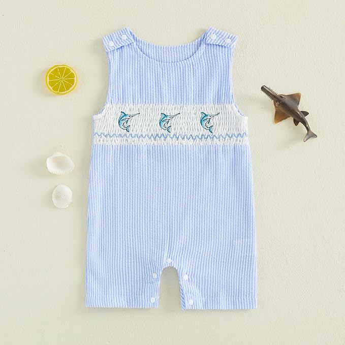 Newborn Baby Boys Sleeveless Seersucker Romper One Piece Straps Overalls - Image 2