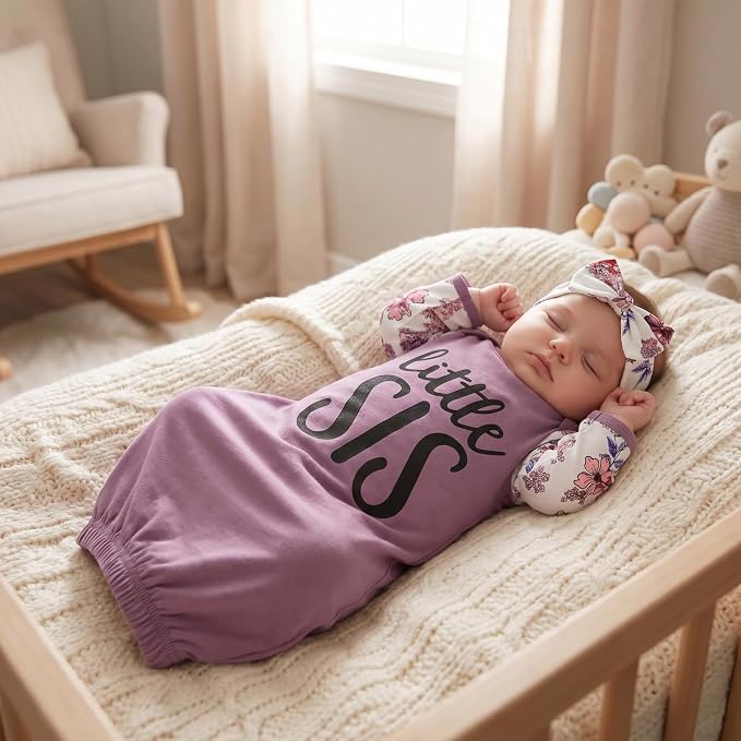 AMAWMW Newborn Baby Girl Little Sister Sleeper Gown Stripe Long Sleeve - Image 2