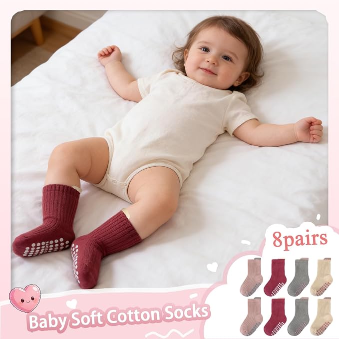 8 Pairs Baby Toddler Socks Non-Slip Grip Socks - Image 4