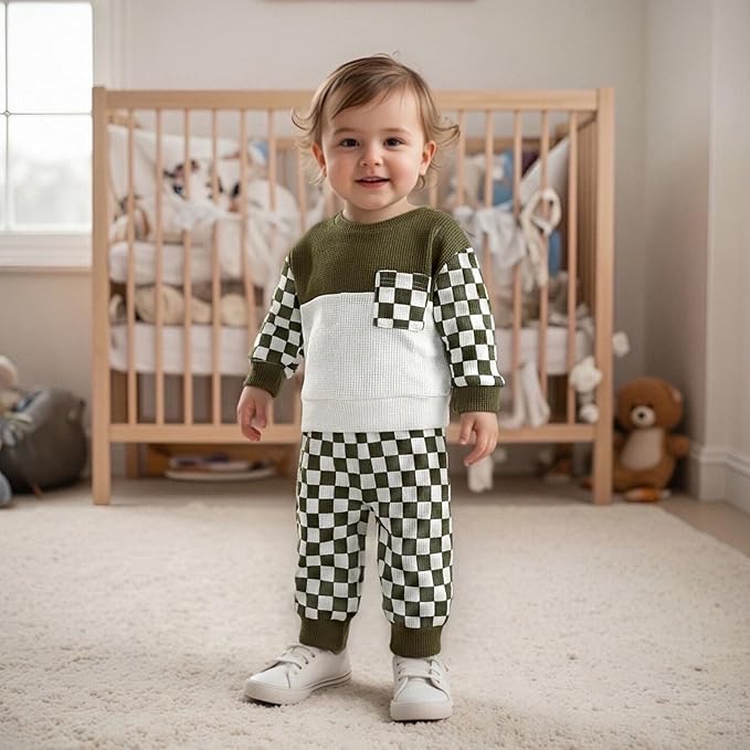 Toddler Baby Boy Fall Clothes Waffle Outfit Long Sleeve Color Blocking Sweatshirt Pullover Jogger Pant Set