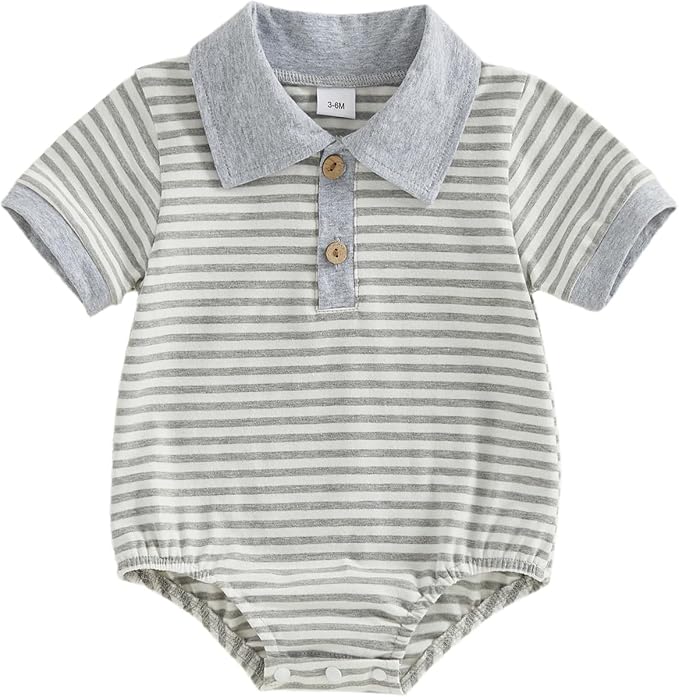 VISGOGO Baby Boy Striped Romper Waffle Short Sleeve Button Oversized Bodysuit by VISGOGO