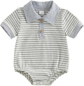 VISGOGO Baby Boy Striped Romper Waffle Short Sleeve Button Oversized Bodysuit by VISGOGO