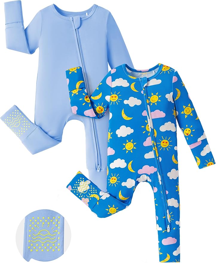 PATPAT Baby Footie Romper with Mittens for Boy and Girl, Anti-Slip & 2-Way Zipper, Long Sleeve, Viscose from Bamboo, Outfit