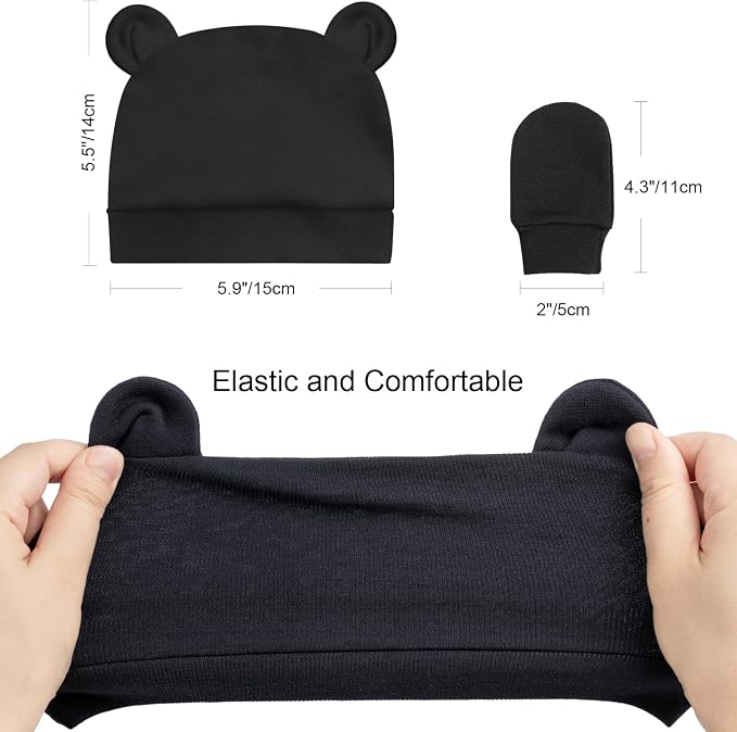 BQUBO Newborn Baby Bear Ears Hats and Mittens Sets Preemie Cotton Caps Baby Boy - Image 7