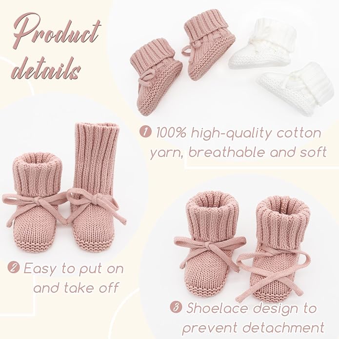 LifeTree Baby Knit Booties-2 Pairs, Cozy Cotton Handmade Crochet Baby Shoes - Image 4