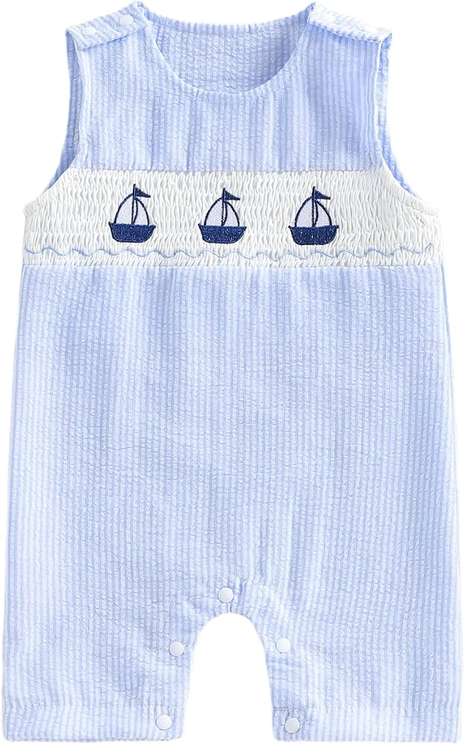 Newborn Baby Boys Sleeveless Seersucker Romper One Piece Straps Overalls by Arvbitana