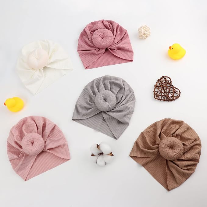 DRESHOW BQUBO 5 Pieces Newborn Baby Turban Hats Bow Baby Infant Beanie - Image 5