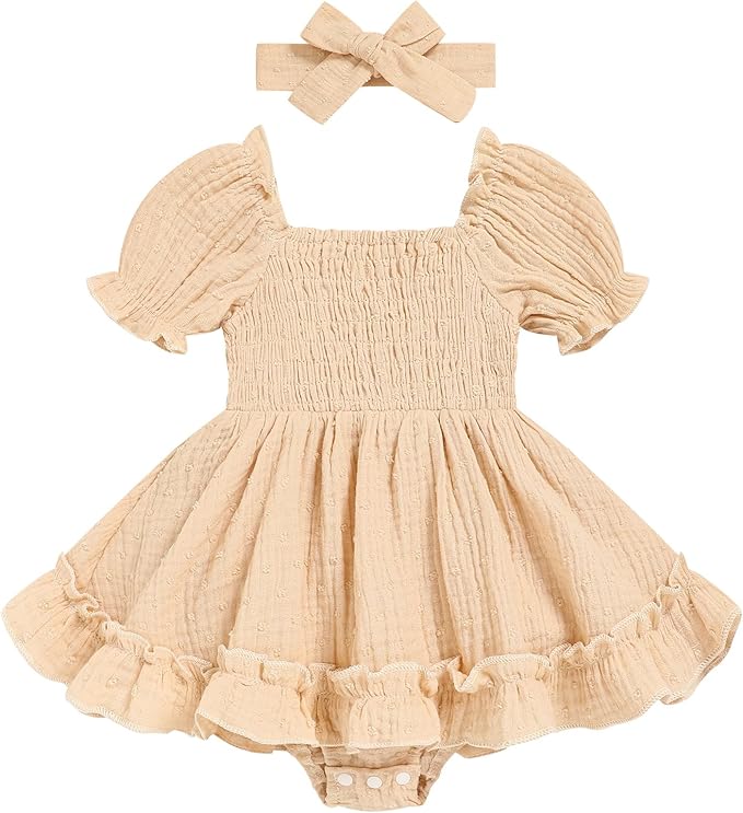 GRNSHTS Baby Girl Romper Dress, Puff Sleeve Smocked Outfit by GRNSHTS