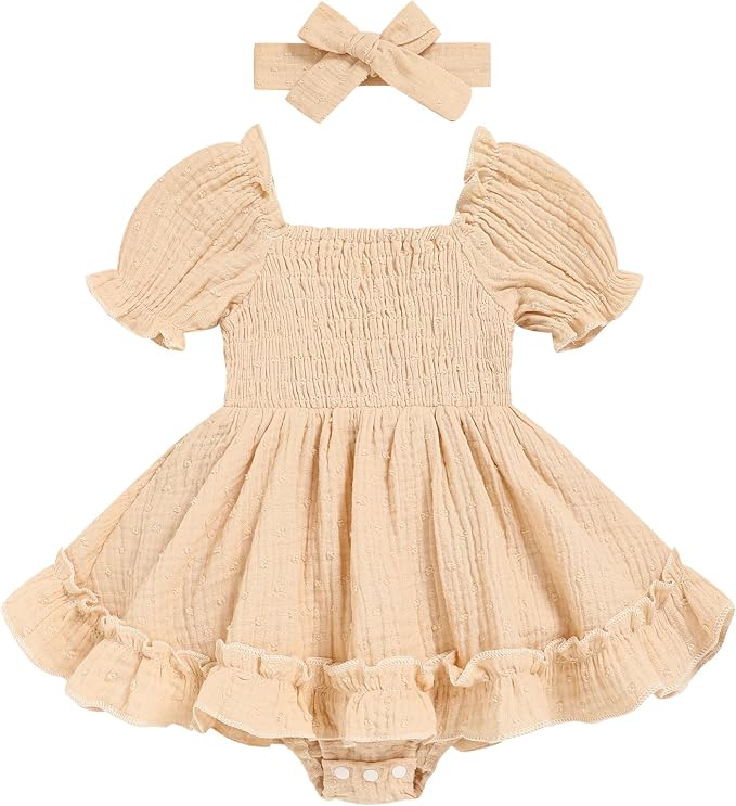 GRNSHTS Baby Girl Romper Dress, Puff Sleeve Smocked Outfit by GRNSHTS