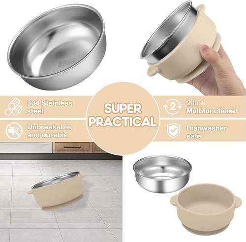 2 Pack Stainless Steel Baby Bowls with Removable Non-Slip Silicone Suction Shell, Anti Scald Food Container for Baby Food Feeding-Blue & Cream