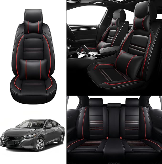 Car Seat Covers for Nissan Car sentra 2000-2025 | 5-Seats Seat Covers, Waterproof Seat Protectors, Automotive Seat Covers (Full Set with Pillow,Black&Red Line)