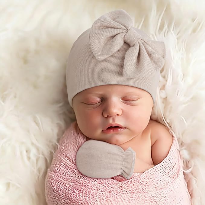 BQUBO Newborn Baby Girls Hats Mittens Set Hospital Hat Beanie Infant Bow Hats - Image 4