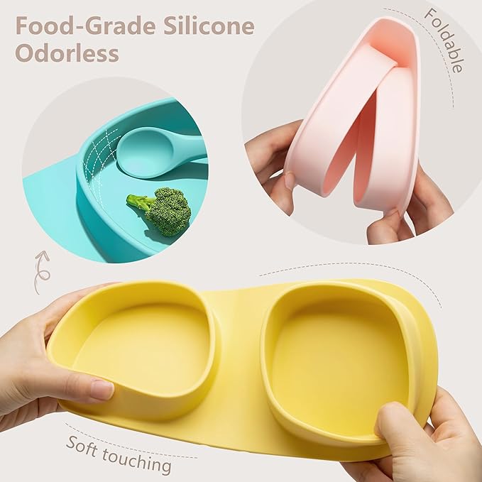 Silicone Foldable Novelty Dinner Plates,Baby Plates Travel Essential with Forks and Spoons,Microwave & Dishwasher SafeWatermelon