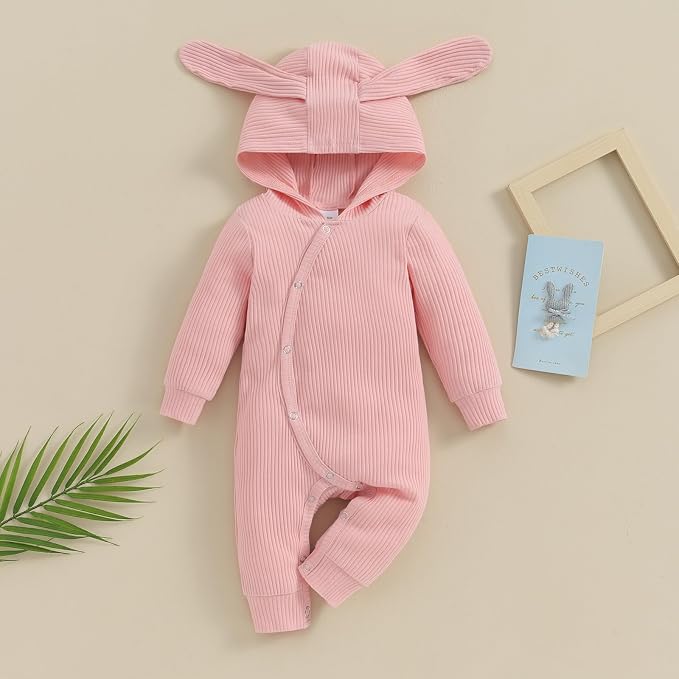 Newborn Baby Boy Girl Romper Easter Outfits Bunny Ear Hoodie Button Onesie - Image 2