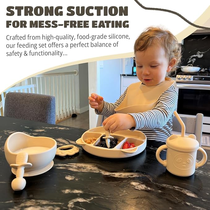 JEVASO Silicone Baby Feeding Set, Baby Led Weaning Supplies, Baby Self Feeding Essentials Suction Bowl Divided Plate Baby Bibs Spoons Forks Sippy Cup Teether, Toddler Eating Utensils for 6+ Months