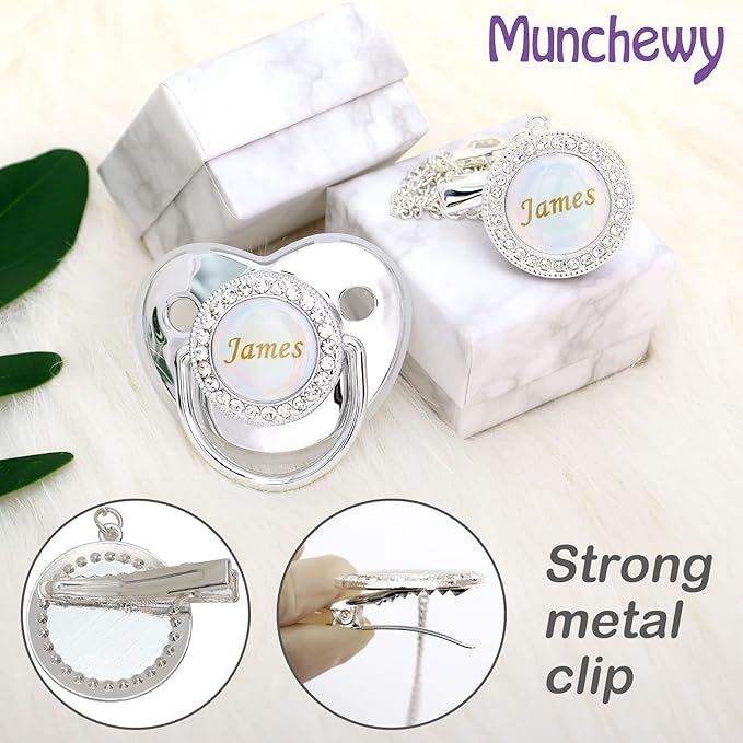 Personalized Pacifier and Pacifier Clip with Name, Bling Gold Pacifier Clip Set with Gift Box Greeting Card, Glitter Crystal Luxurious Dummy Ideal Gift for Boys Baby Shower Newborn Photography(Silver)