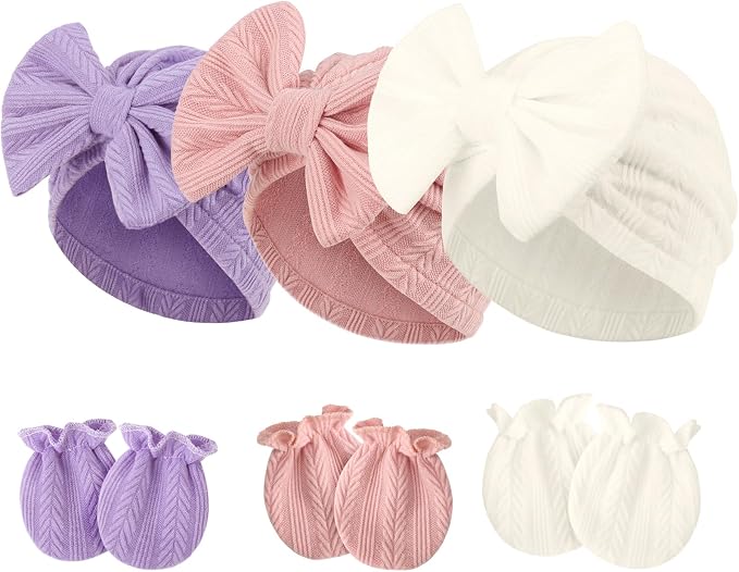 Newborn Baby Hats and Mittens Set Infant Bow Beanie Cap Toddler Gloves Newborn by AQOKKA