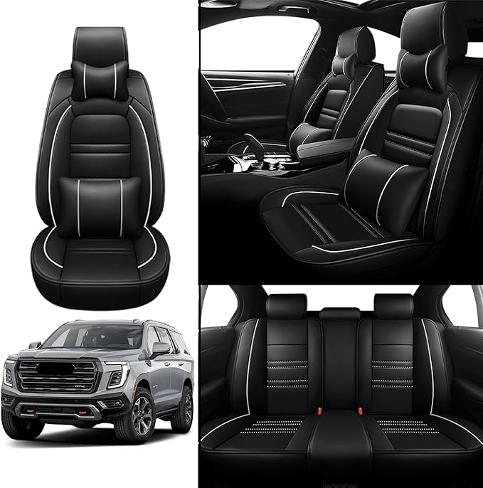 Car Seat Covers for gmc Yukon 2000-2025 | 5-Seats Seat Covers, Waterproof Seat Protectors, Automotive Seat Covers (Full Set with Pillow,Black&White Line)