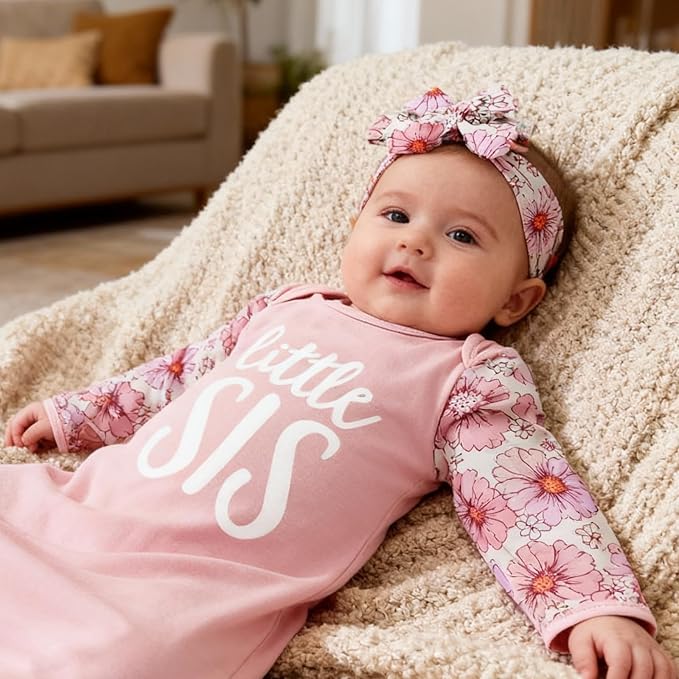 AMAWMW Newborn Baby Girl Little Sister Sleeper Gown Stripe Long Sleeve - Image 2