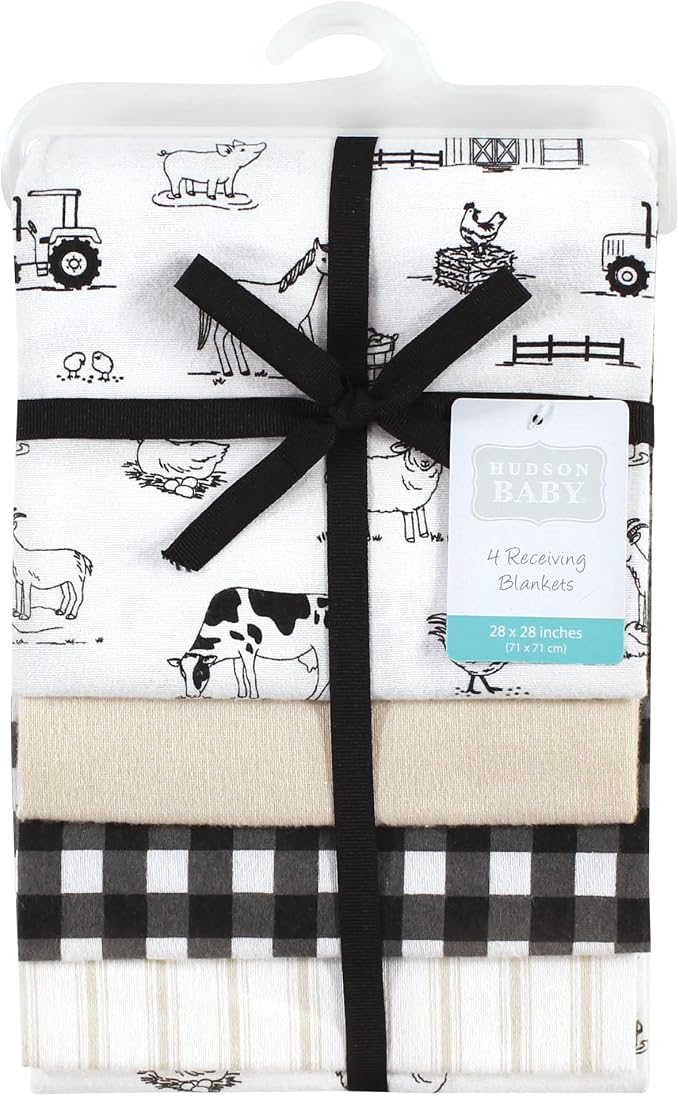 Hudson Baby Unisex Baby Cotton Flannel Receiving Blankets, Neutral Farm - Image 2