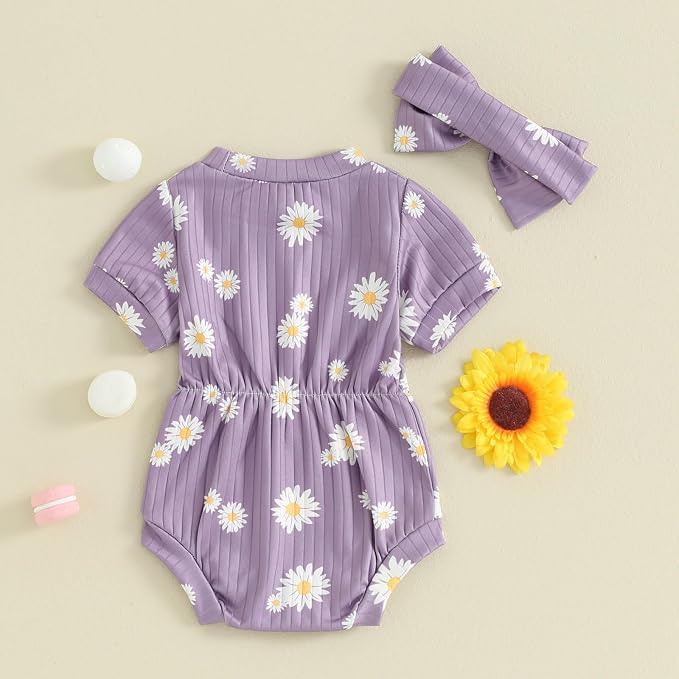 FOCUSNORM Baby Girl Summer Clothes Ribbed Short Sleeve Romper Solid Color - Image 4