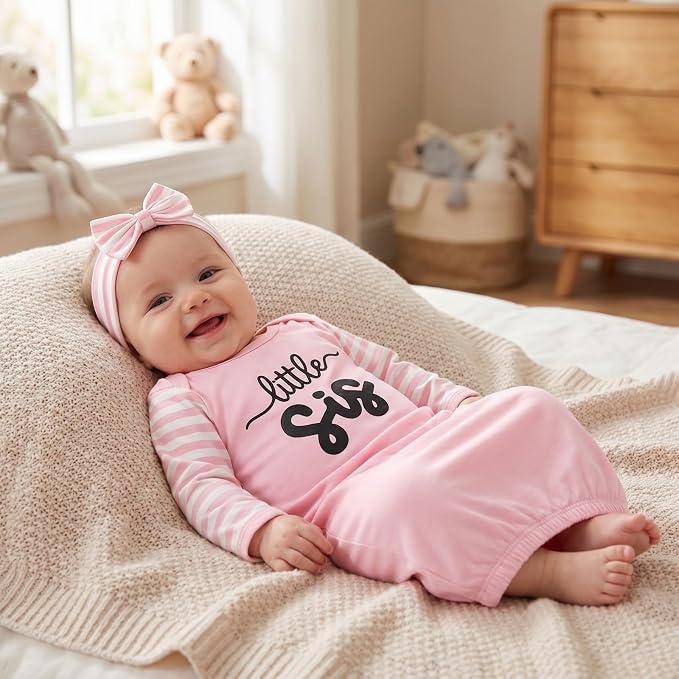 AMAWMW Newborn Baby Girl Little Sister Sleeper Gown Stripe Long Sleeve - Image 2