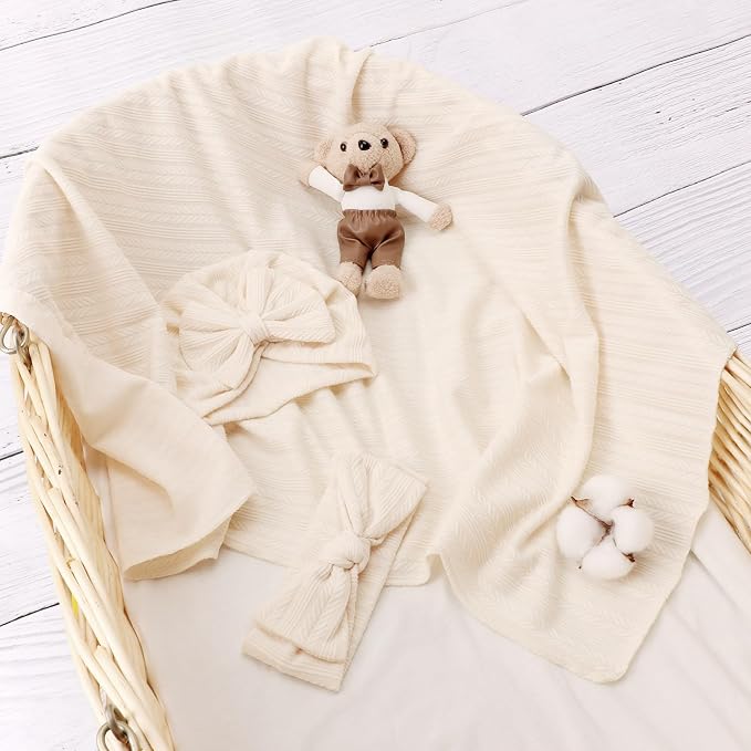 AQOKKA Newborn Receiving Blanket Wheat Ear Bow Hat Hairband Set - Image 4
