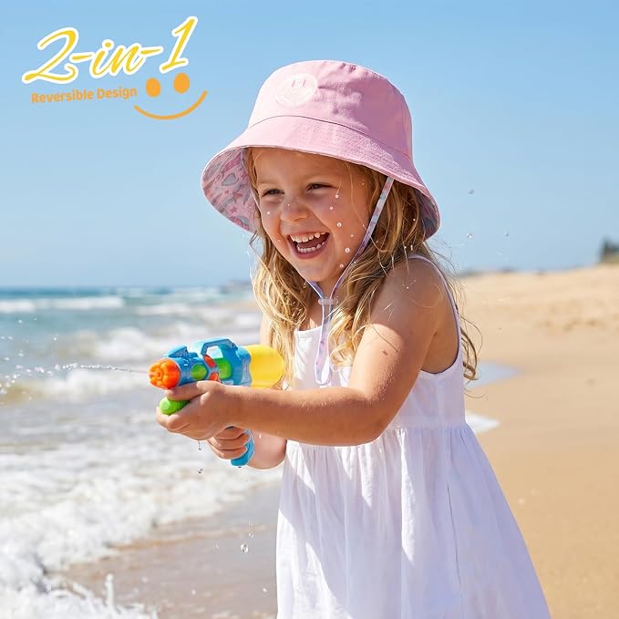 Toddler Hat Reversible Bucket Hat Happy Face Sun Hat Adjustable Chin Strap - Image 5